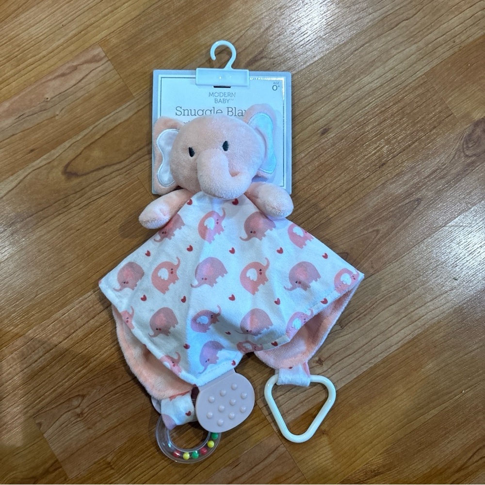 Modern Baby Pink Elephant Baby Lovey Plush Activity Teether  Rattle Blanket